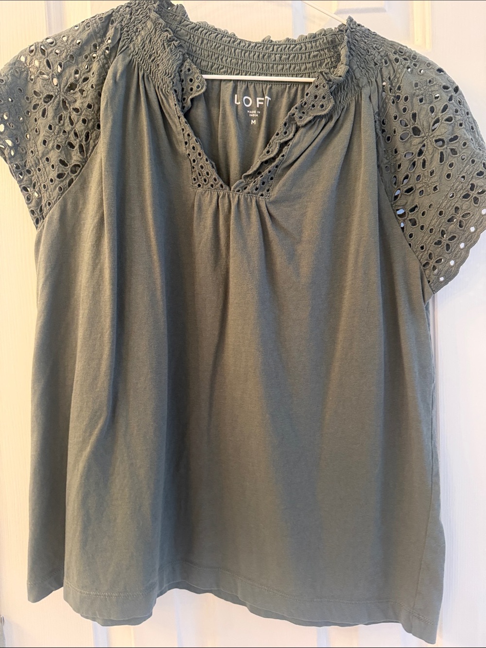 LOFT Olive Eyelet Sleeve Smocked Neck Women's Top